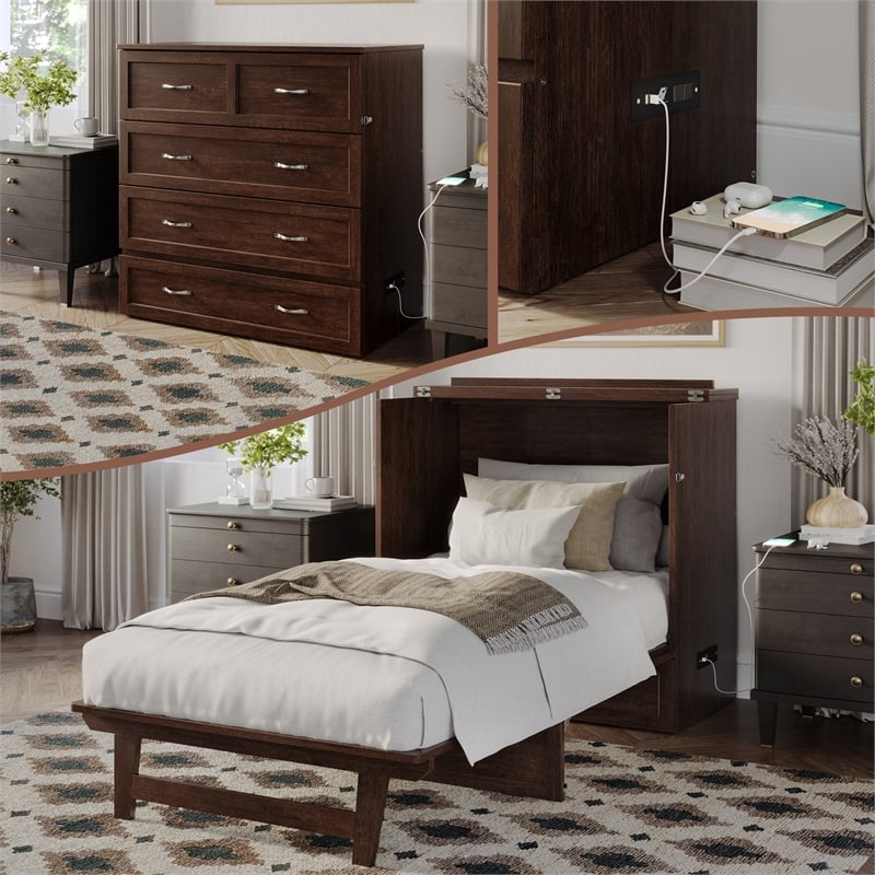 Northfield Twin XL Solid Wood Modern Murphy Bed Chest with Mattress Burnt Amber