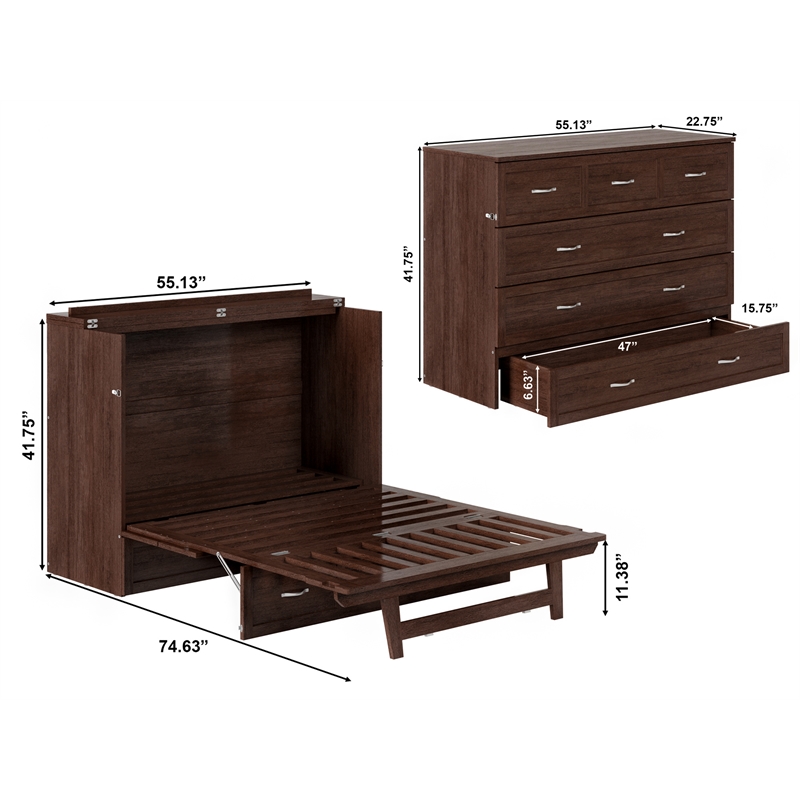 Northfield Full Solid Wood Modern Murphy Bed Chest with Mattress in Burnt Amber
