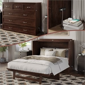 Northfield Full Solid Wood Modern Murphy Bed Chest with Mattress in Burnt Amber