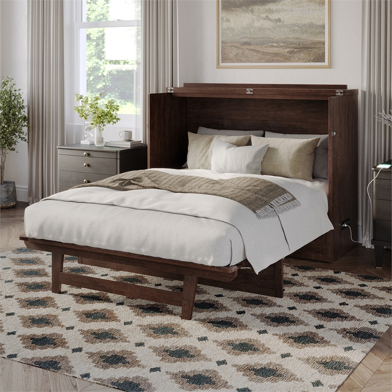 Northfield Full Solid Wood Modern Murphy Bed Chest with Mattress in Burnt Amber