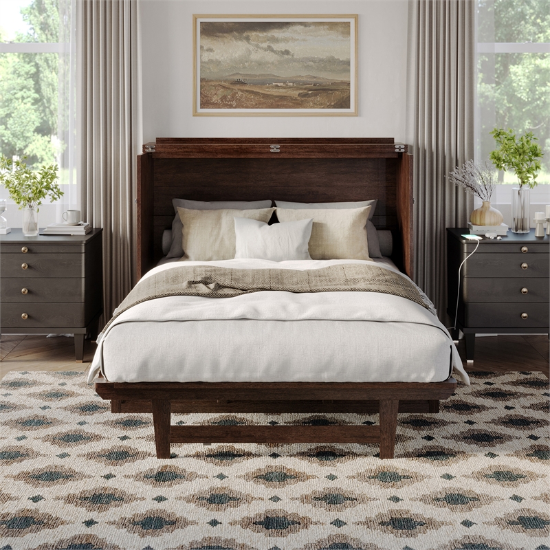 Northfield Full Solid Wood Modern Murphy Bed Chest with Mattress in Burnt Amber