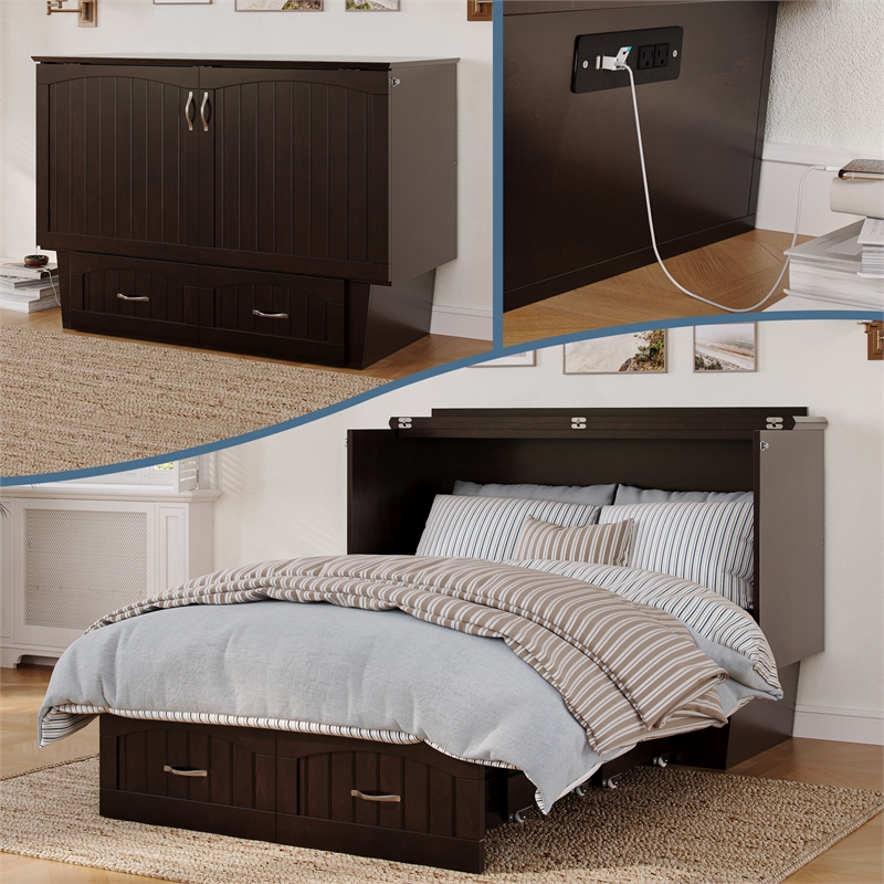Nantucket Full Wood Murphy Bed Chest w/Mattress and Built-in Charger in Espresso