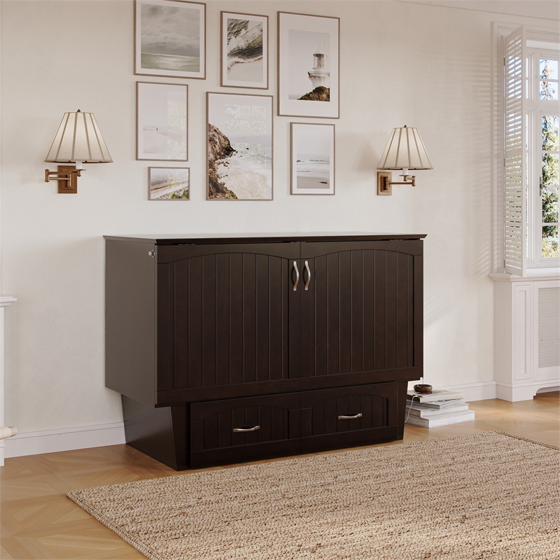 Nantucket Full Wood Murphy Bed Chest w/Mattress and Built-in Charger in Espresso