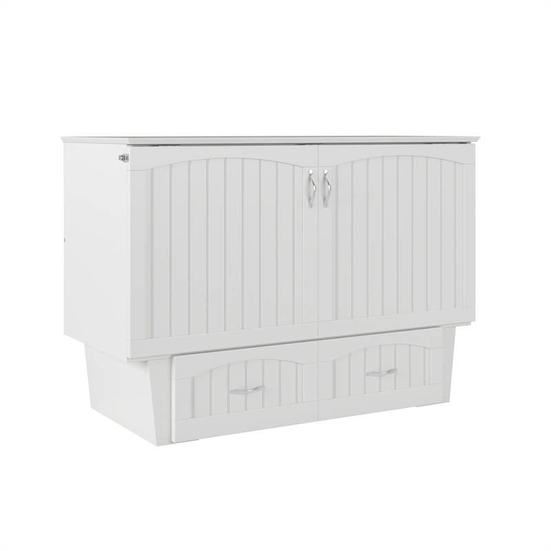 Nantucket Full Size Wood Murphy Bed Chest w/Mattress & Built-in Charger in White