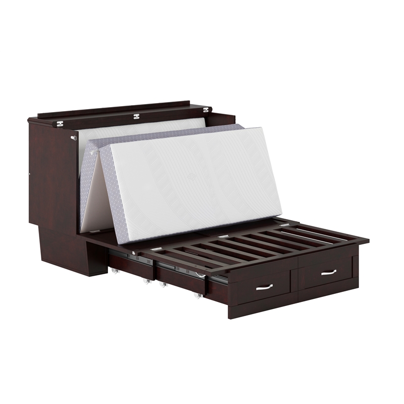 Monroe Solid Wood Frame Full Size Murphy Bed Chest with Mattress in Espresso