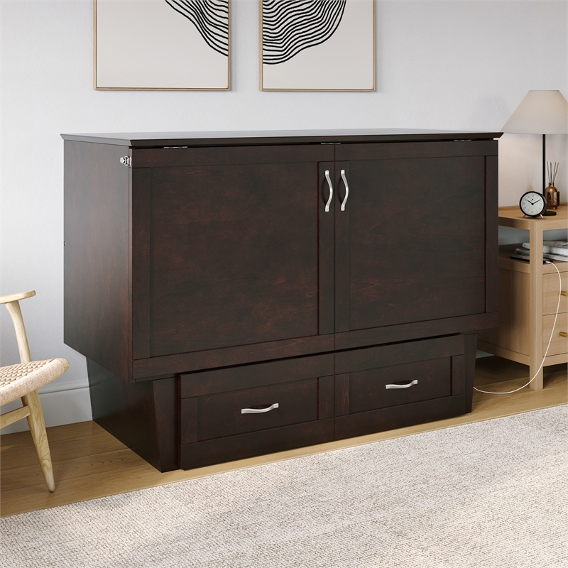 Monroe Solid Wood Frame Full Size Murphy Bed Chest with Mattress in Espresso