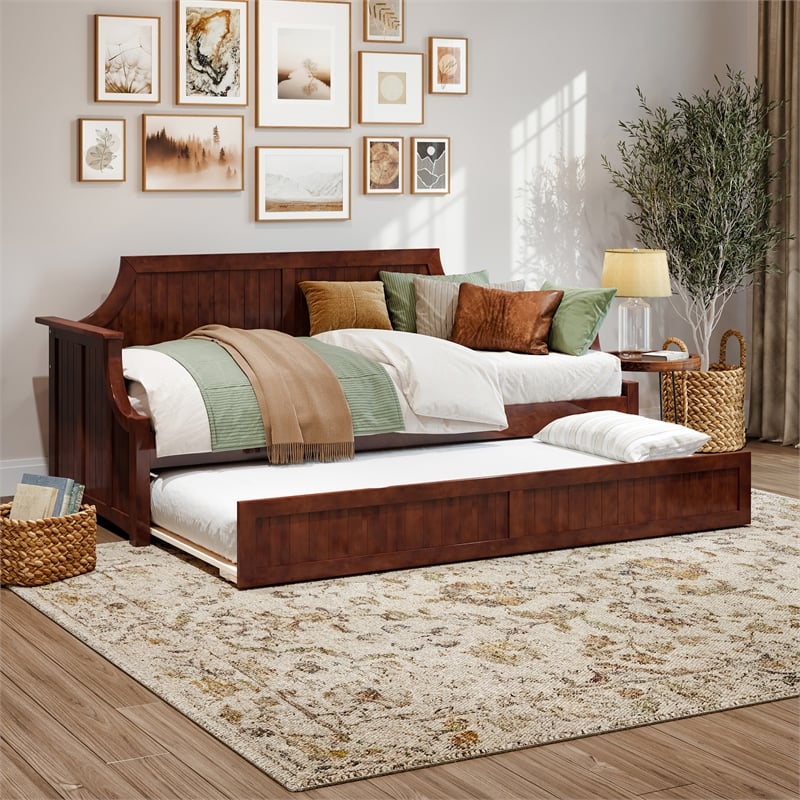 AFI Cambridge Mid-Century Solid Wood Daybed with Twin Trundle in Walnut