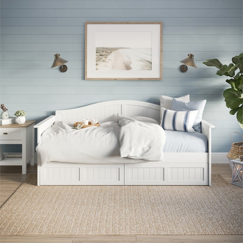 AFI Nantucket Mid-Century Solid Wood Twin Daybed with Set of 2 Drawers in White