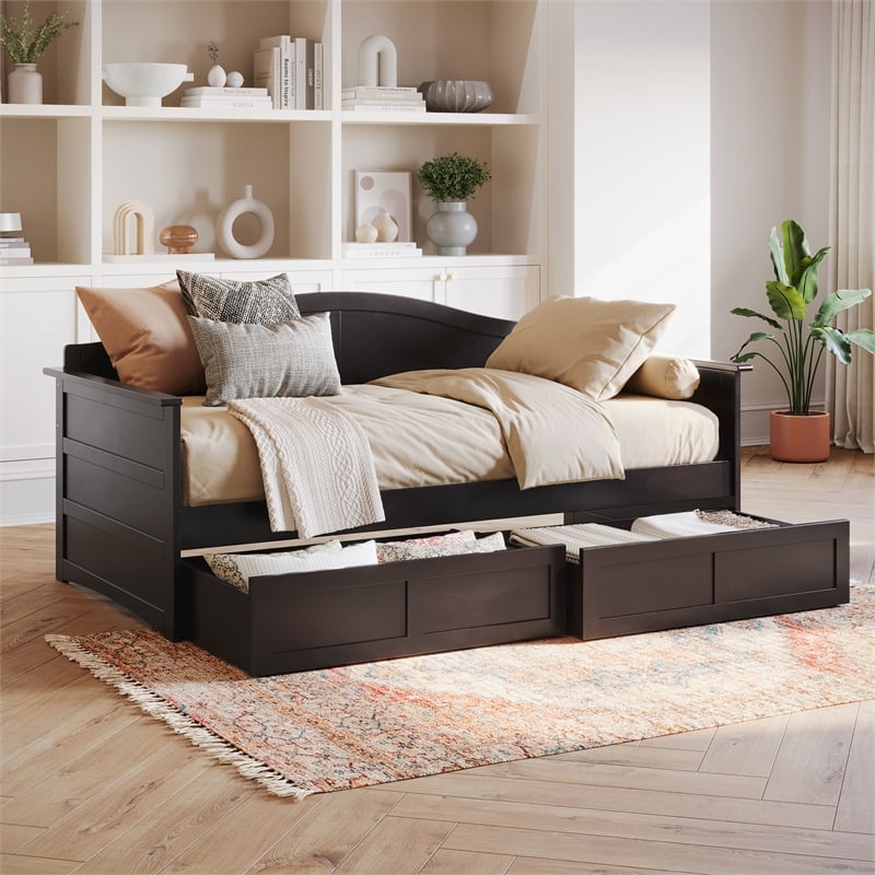 AFI Acadia Mid-Century Solid Wood Twin Daybed with Set of 2 Drawers in Espresso