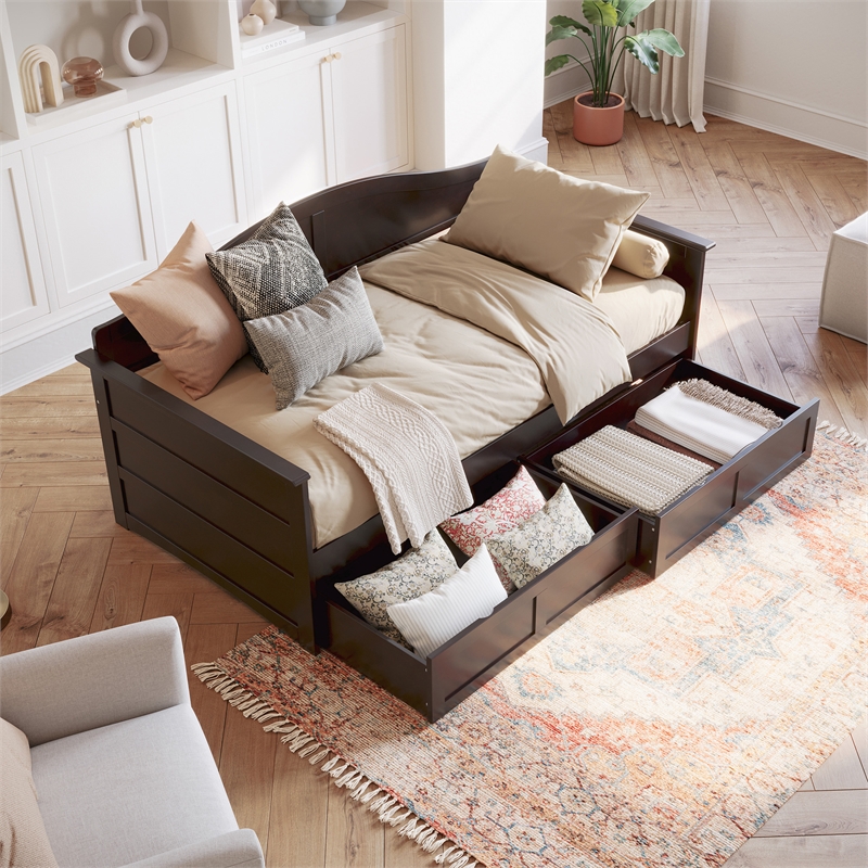 AFI Acadia Mid-Century Solid Wood Twin Daybed with Set of 2 Drawers in Espresso