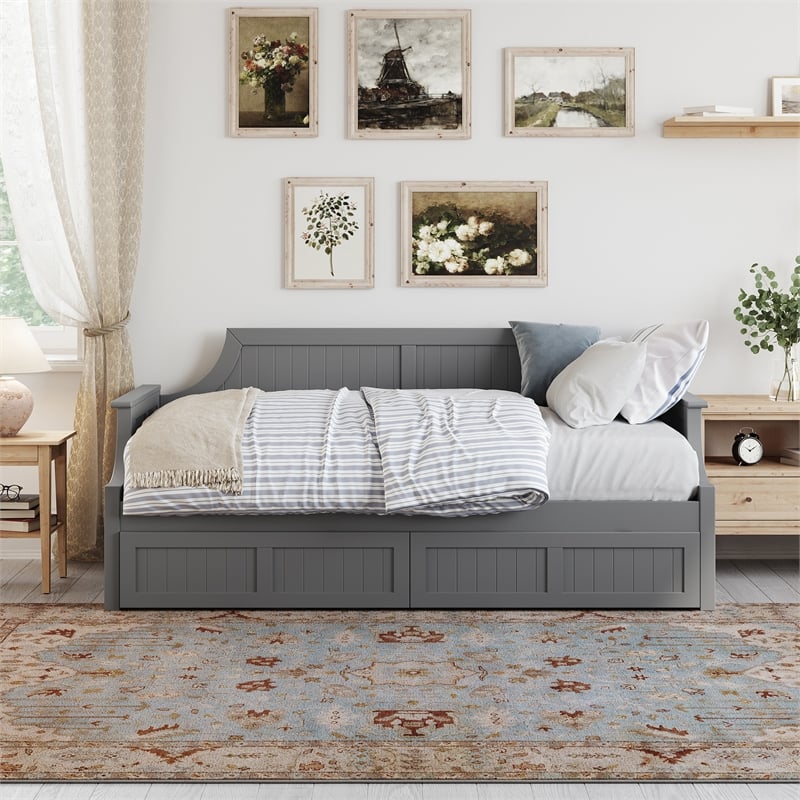 AFI Cambridge Mid-Century Solid Wood Twin Daybed with Set of 2 Drawers in Gray