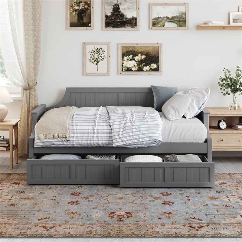 AFI Cambridge Mid-Century Solid Wood Twin Daybed with Set of 2 Drawers in Gray