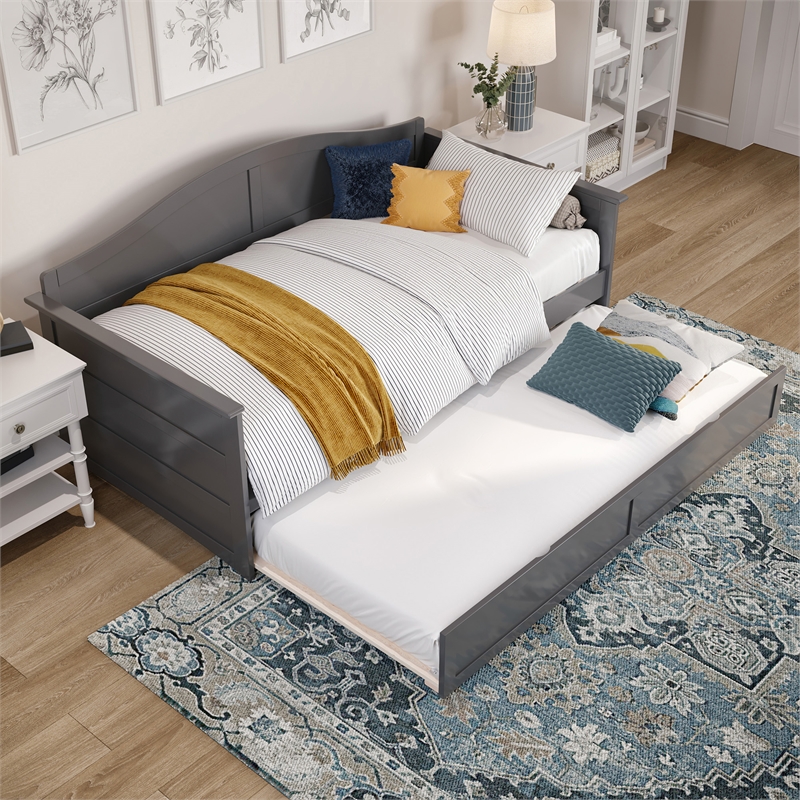 AFI Acadia Mid-Century Solid Wood Twin Daybed with Twin Trundle in Gray