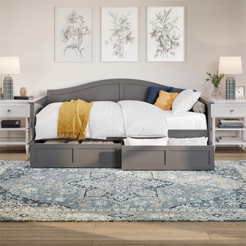AFI Acadia Mid-Century Solid Wood Twin Daybed with Set of 2 Drawers in Gray