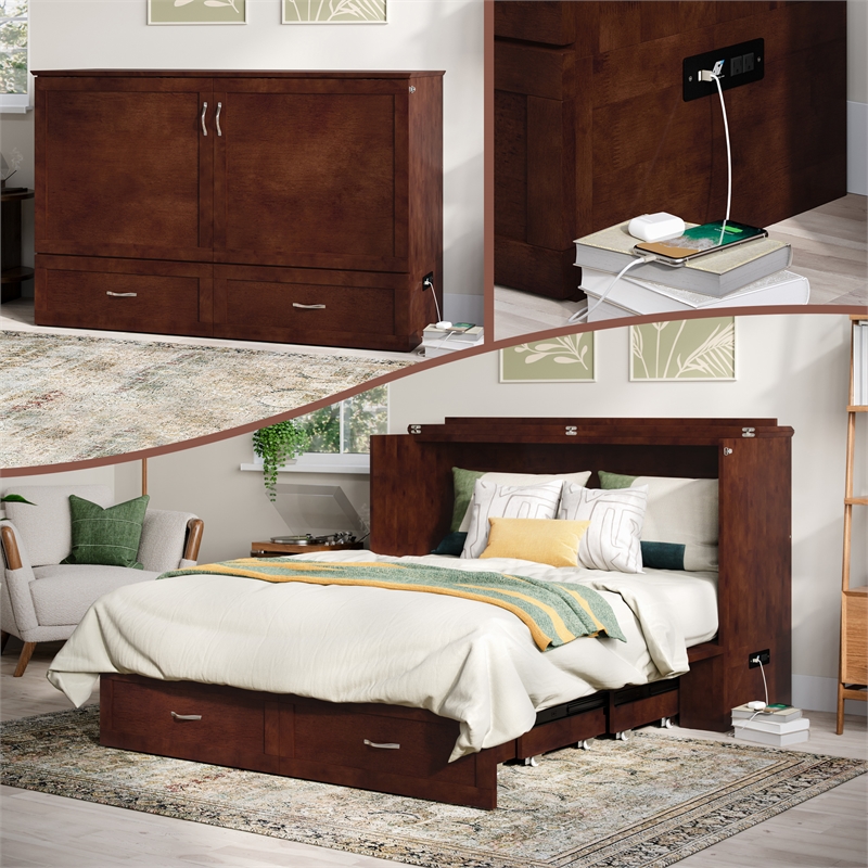 AFI Raleigh Modern Queen Solid Wood Murphy Bed Chest with Mattress in Walnut