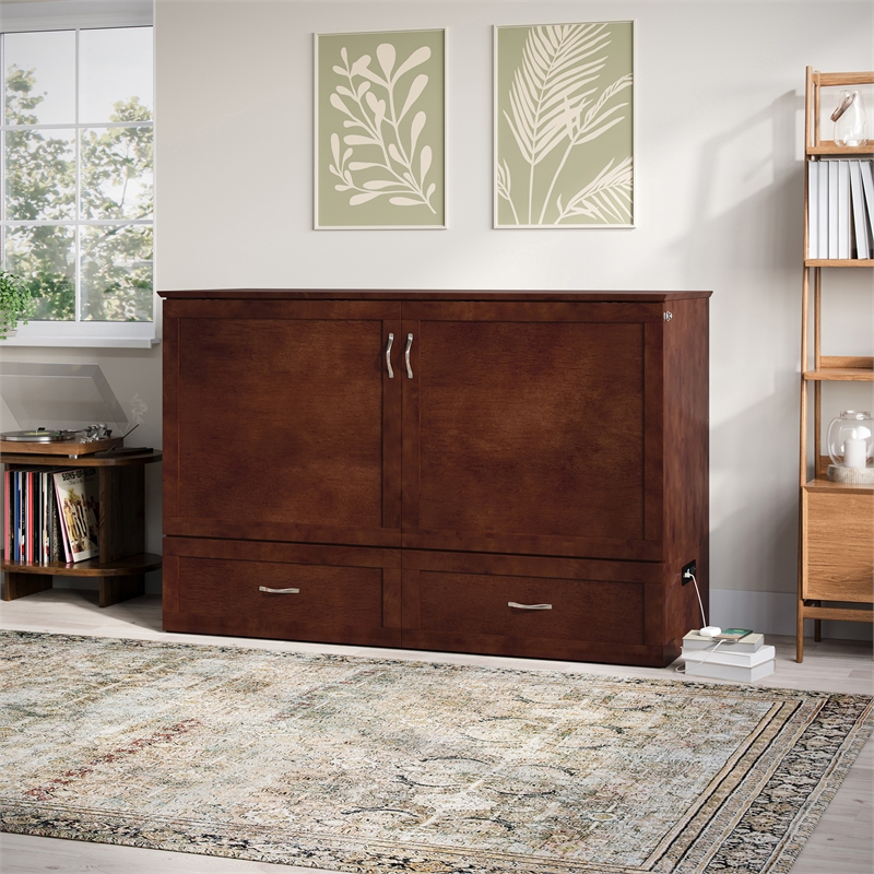 AFI Raleigh Modern Queen Solid Wood Murphy Bed Chest with Mattress in Walnut