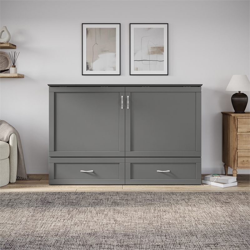 AFI Raleigh Modern Queen Solid Wood Murphy Bed Chest with Mattress in Gray