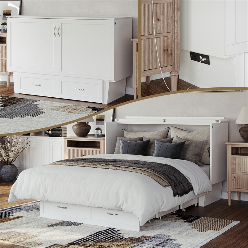 AFI Chelsea Queen Solid Wood Murphy Bed Chest with Mattress in White