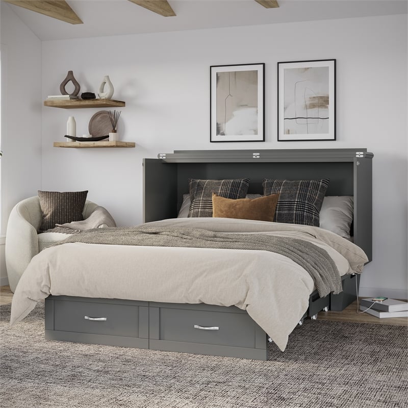 AFI Chelsea Queen Solid Wood Murphy Bed Chest with Mattress in Gray