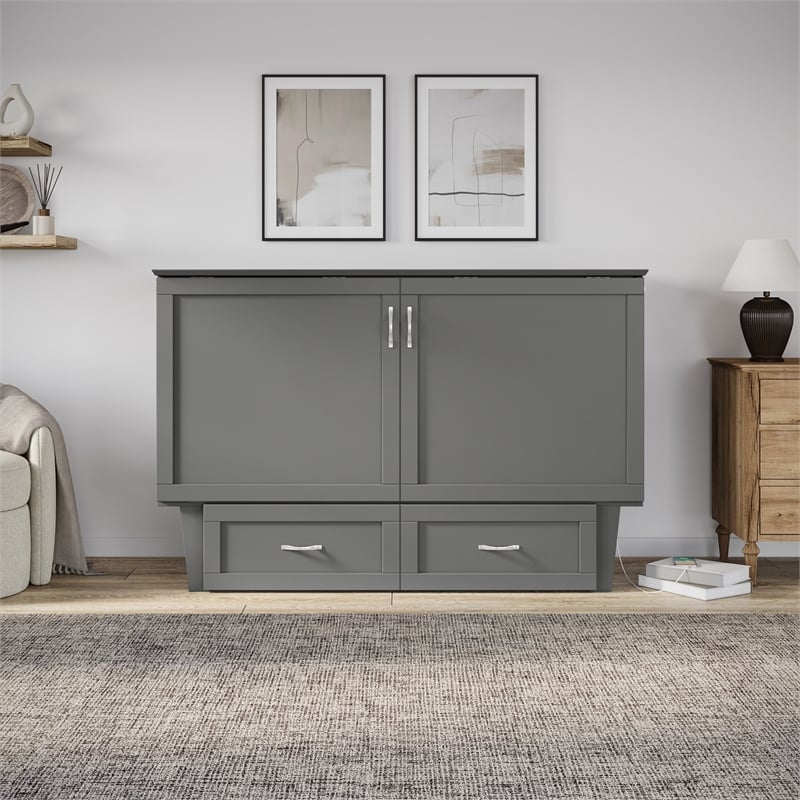 AFI Chelsea Queen Solid Wood Murphy Bed Chest with Mattress in Gray