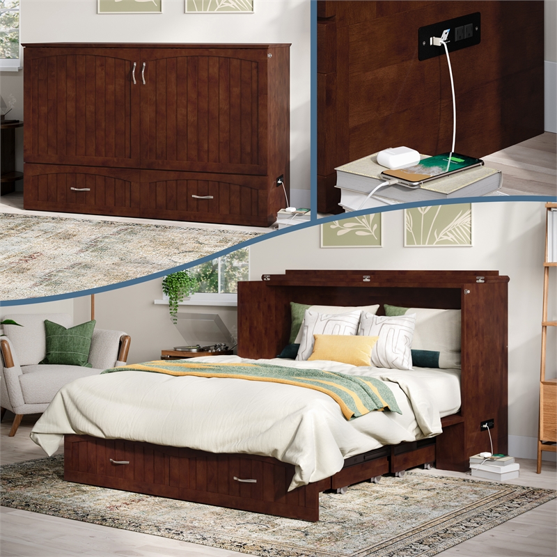 AFI Aspen Queen Solid Wood Murphy Bed Chest with Mattress in Walnut