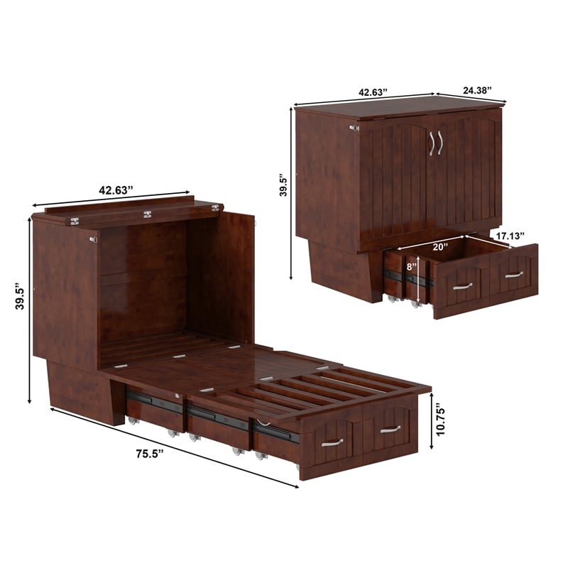 Nantucket Twin Wood Murphy Bed Chest w/ Mattress and Built-in Charger in Walnut