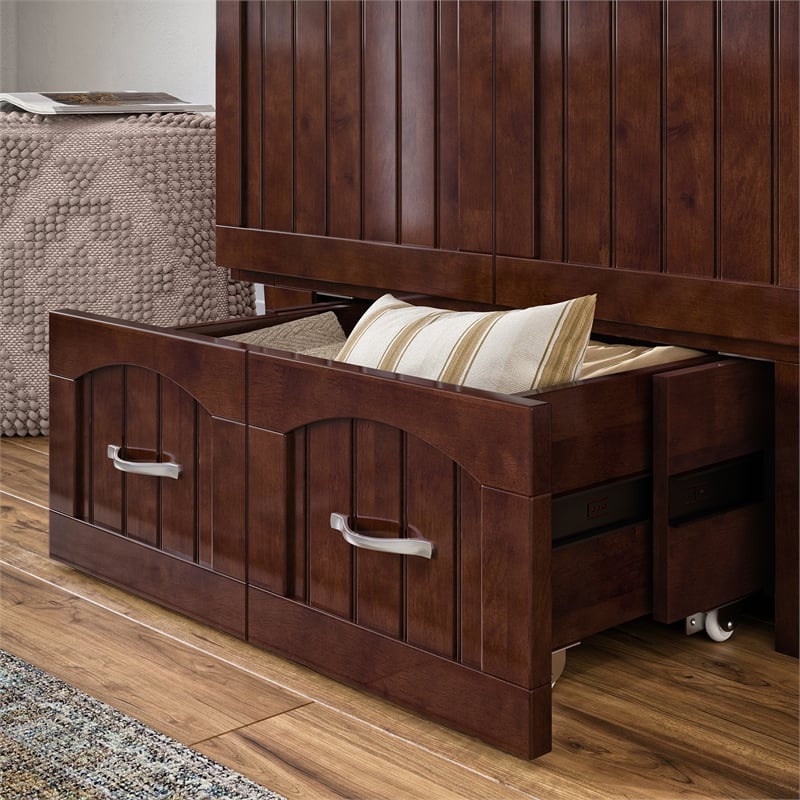 Nantucket Twin Wood Murphy Bed Chest w/ Mattress and Built-in Charger in Walnut