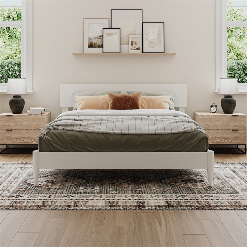 Aria Queen Solid Wood Modern Low Profile Platform Bed in White