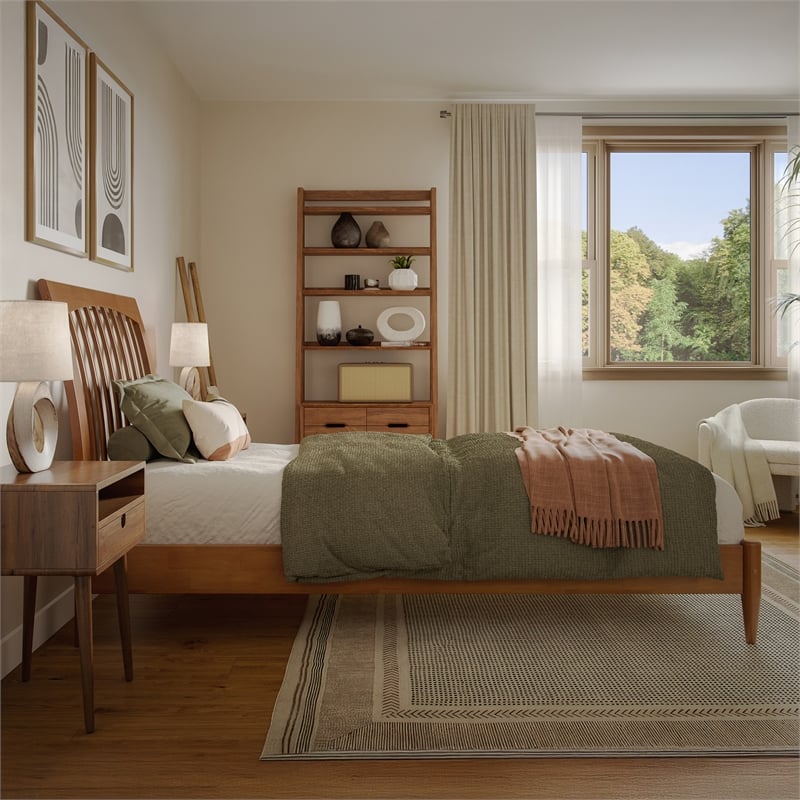 AFI Orleans Twin XL Solid Wood Low Profile Sleigh Platform Bed in Light Toffee