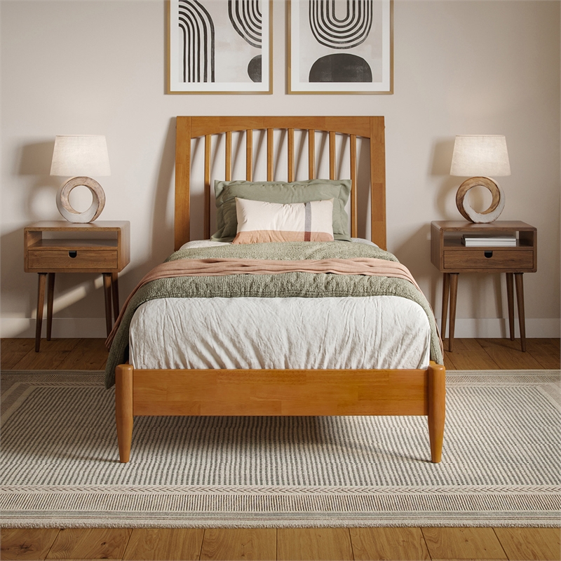 AFI Orleans Twin XL Solid Wood Low Profile Sleigh Platform Bed in Light Toffee
