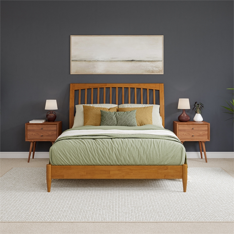 AFI Orleans Solid Wood Low Profile Sleigh Queen Platform Bed in Light Toffee