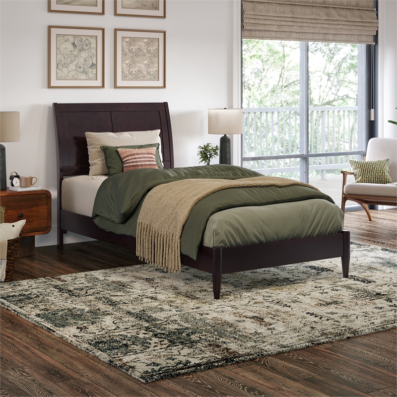 Valencia Twin XL Solid Wood Low Profile Sleigh Platform Bed in Espresso