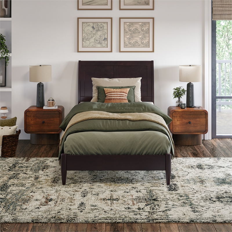 Valencia Twin XL Solid Wood Low Profile Sleigh Platform Bed in Espresso