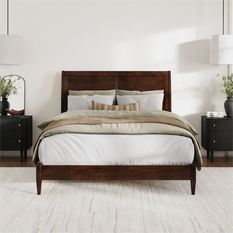 Valencia Queen Solid Wood Low Profile Sleigh Platform Bed in Walnut