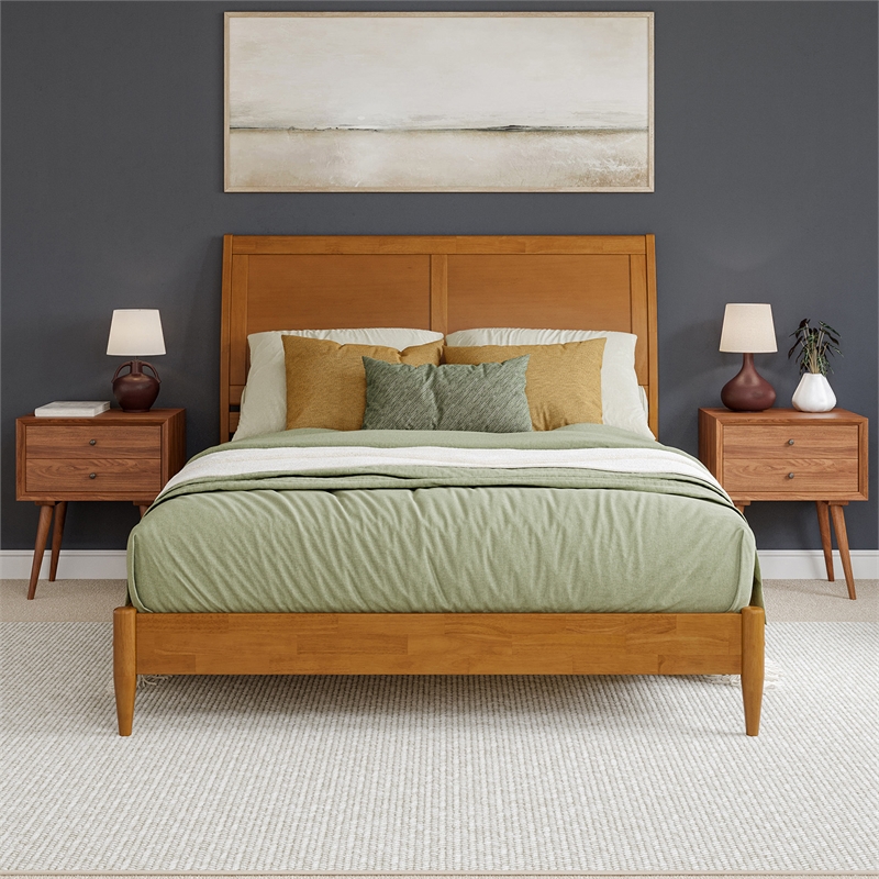 Valencia Queen Solid Wood Low Profile Sleigh Platform Bed in Light Toffee