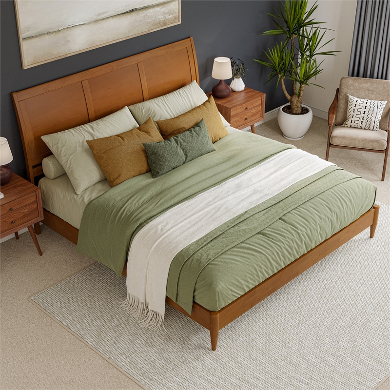 Valencia King Solid Wood Low Profile Sleigh Platform Bed in Light Toffee