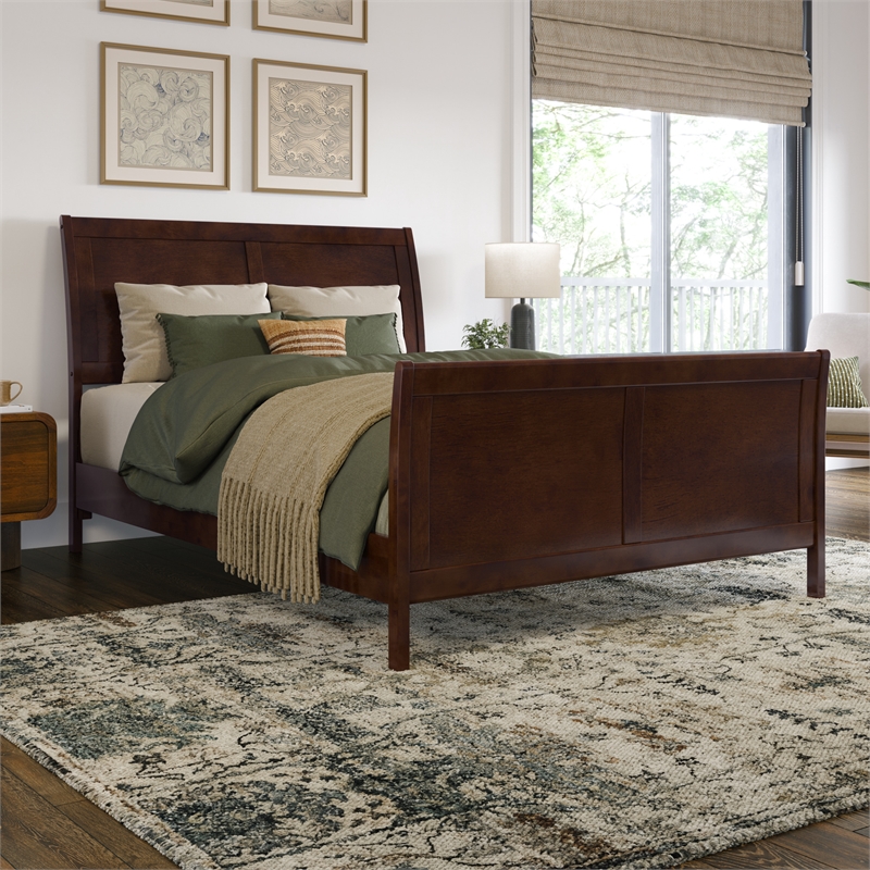 Valencia Full Low Profile Wood Platform Bed with Matching Footboard in Walnut