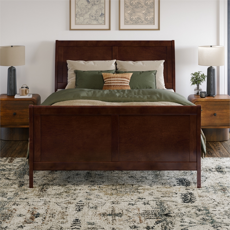 Valencia Full Low Profile Wood Platform Bed with Matching Footboard in Walnut
