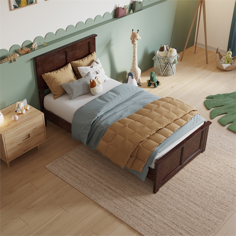Charlotte Twin Wood Low Profile Platform Bed with Matching Footboard in Walnut