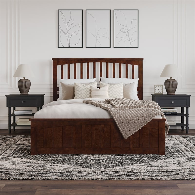 Becket Queen Wood Low Profile Platform Bed with Matching Footboard in Walnut