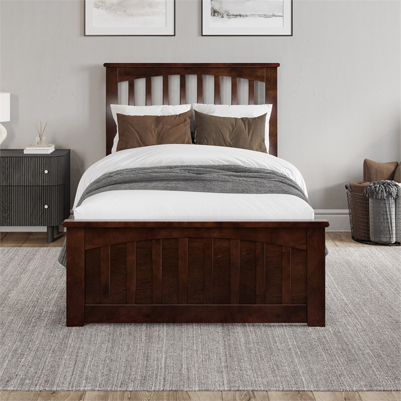 Becket Twin XL Wood Low Profile Platform Bed with Matching Footboard in Walnut