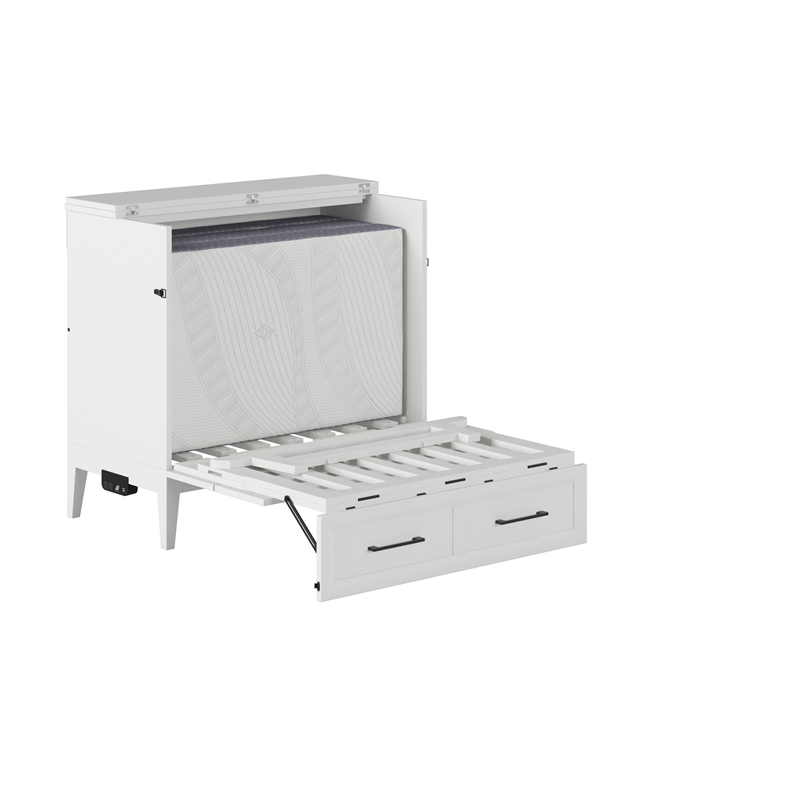 Santa Fe Twin Wood Murphy Bed Chest with Mattress & Built-in Charger in White