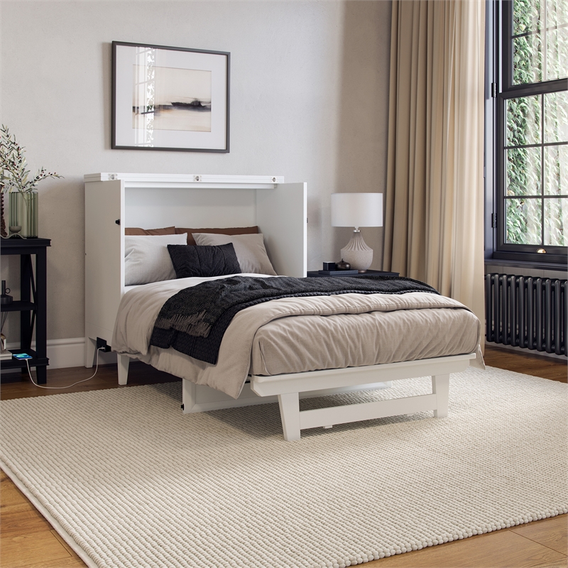 Santa Fe Twin Wood Murphy Bed Chest with Mattress & Built-in Charger in White