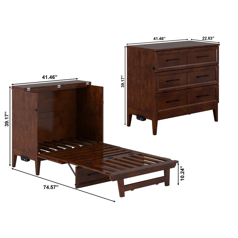 Santa Fe Twin Wood Murphy Bed Chest with Mattress & Built-in Charger in Walnut