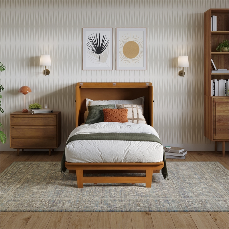 Santa Fe Twin Wood Murphy Bed Chest wMattress & Built-in Charger in Light Toffee