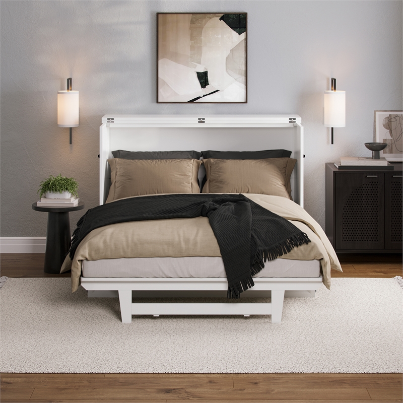 Santa Fe Full Wood Murphy Bed Chest with Mattress & Built-in Charger in White