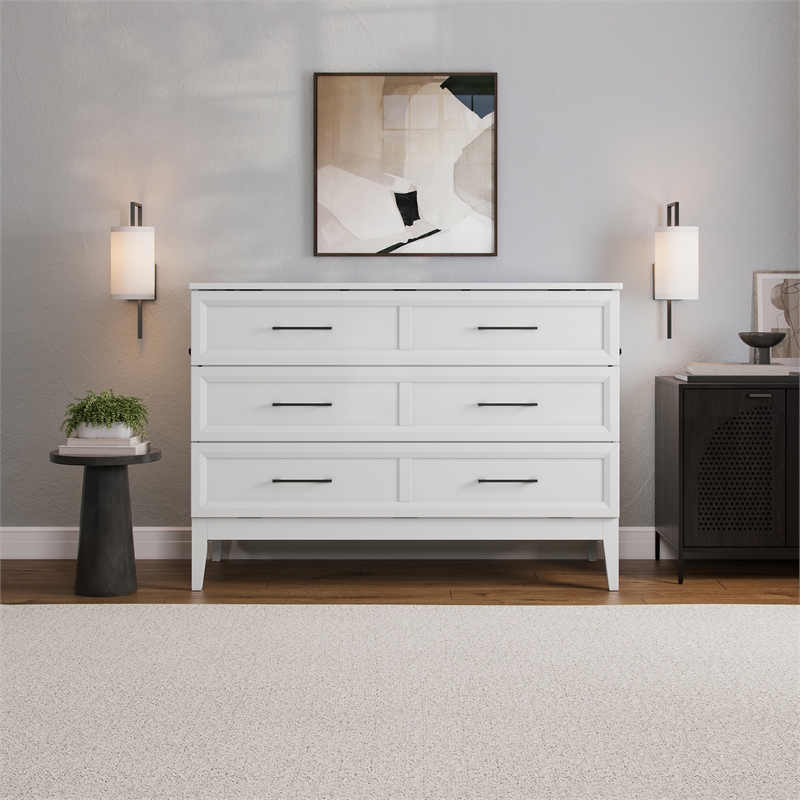 Santa Fe Full Wood Murphy Bed Chest with Mattress & Built-in Charger in White