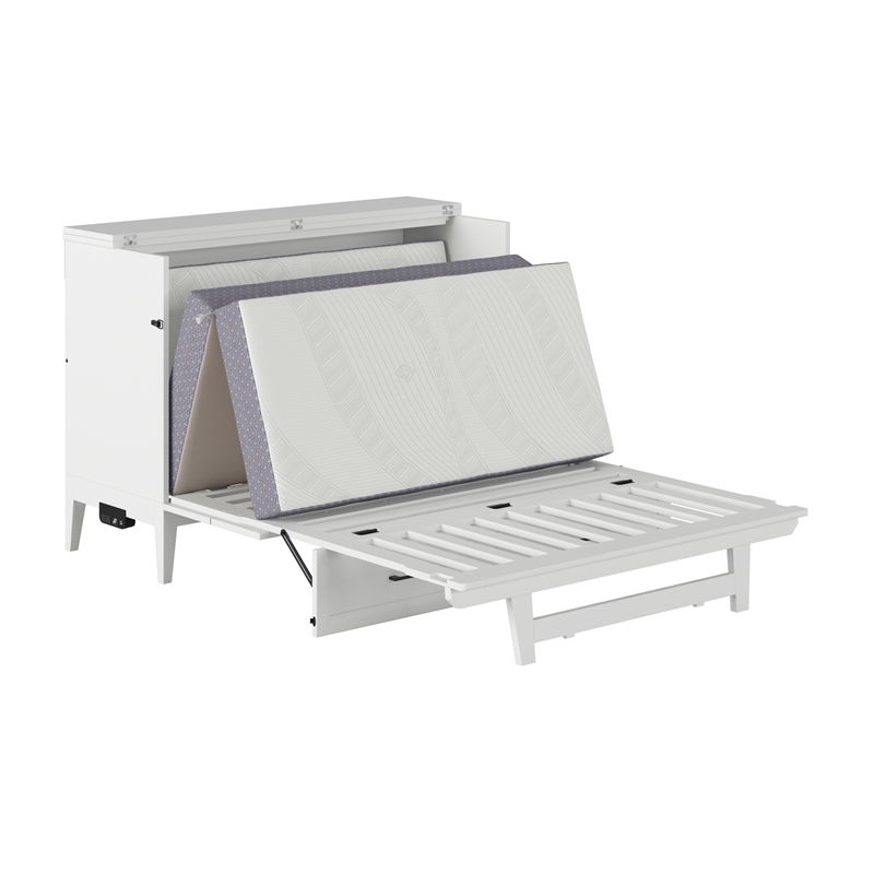 Santa Fe Full Wood Murphy Bed Chest with Mattress & Built-in Charger in White