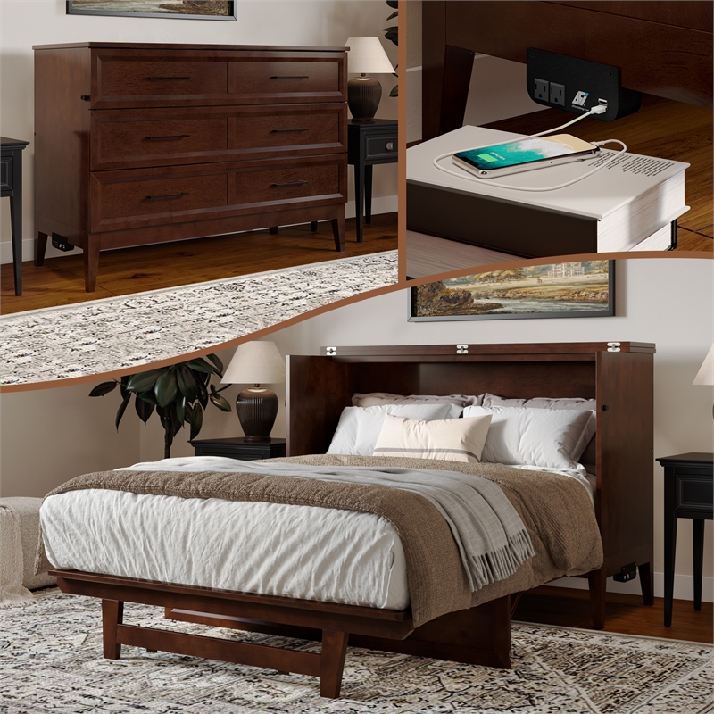 Santa Fe Full Wood Murphy Bed Chest with Mattress & Built-in Charger in Walnut