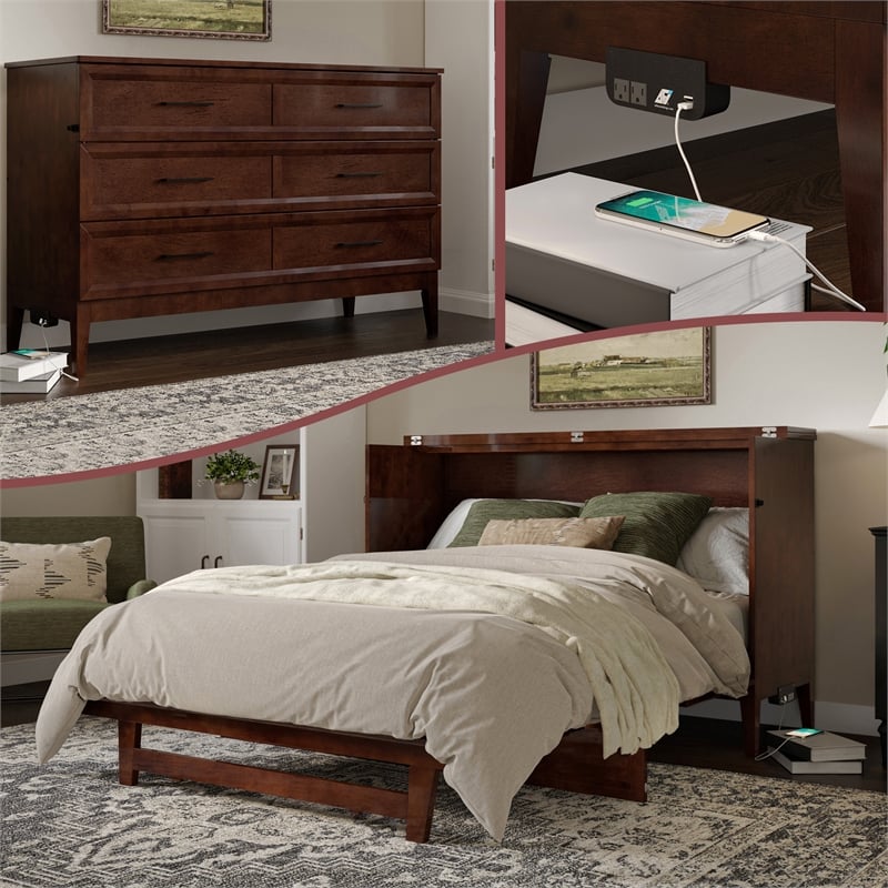 Santa Fe Queen Wood Murphy Bed Chest with Mattress & Built-in Charger in Walnut